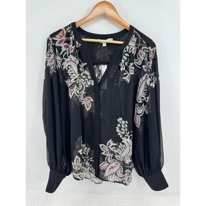 New Chicos Pintuck Sleeve Blouse Women 3 XL‎ Black Floral Medallion Chiffon Top